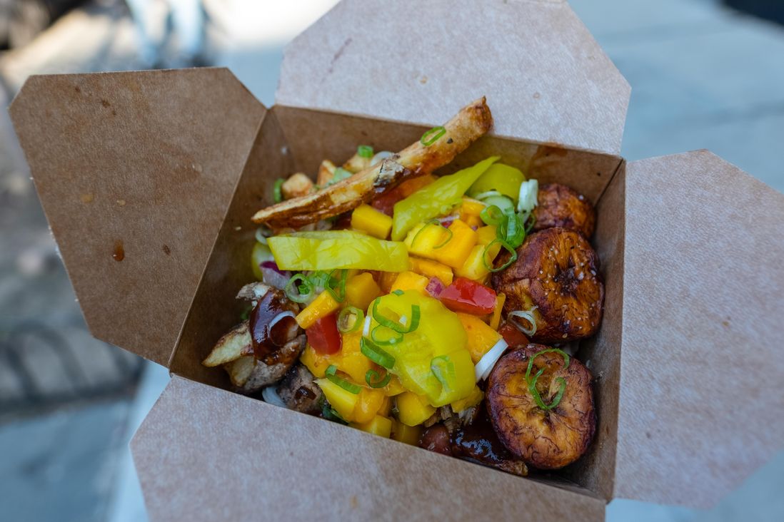 Kingston Ave with jerk chicken and mango salsa ($8)<br/>